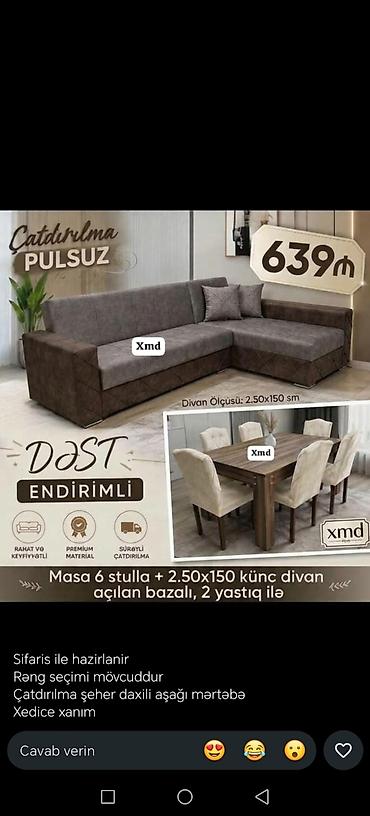Dəst: Masa və 6 stul + 2.50 x 150 sm künc divan Qiymət: 639 ₼