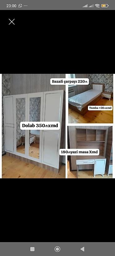 Yataq otağı mebel dəsti – ağ və ağac fakturalı dizayn. Komplekt və