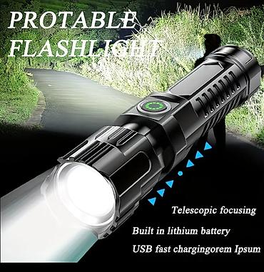 led fener: - LED Flashlight – güclü işıq axını - Daxili litium batareya 500mahliq — 2