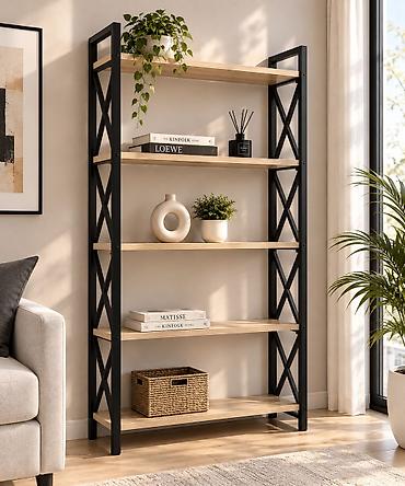 железная полка: Стеллаж loft из металла и ЛДСП - 5 открытых полок - Каркас: черная — 3