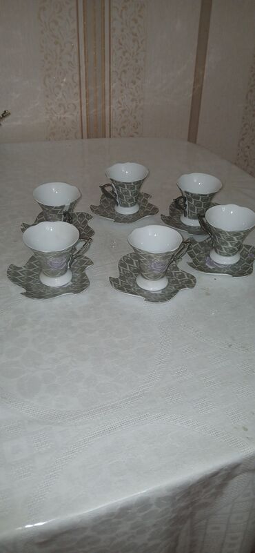 novruz bayrami ucun yumurta bezekleri: Çay dəsti, rəng - Boz, Farfor, 6 nəfərlik