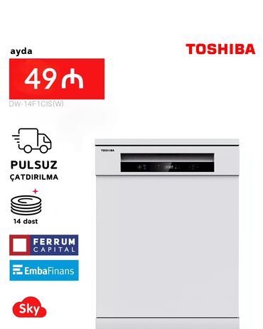 İçki texnikası: Qabyuyan maşın Toshiba, Tam qabaritli (60 sm.), Ayrıca dayanan, Yeni