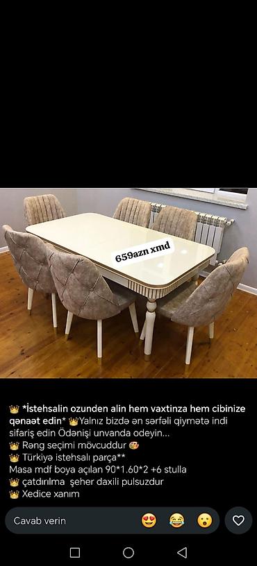 Mebel: Yemək masası dəsti – müasir dizaynlı, MDF boyalı masa və 6/8 ədəd — 4