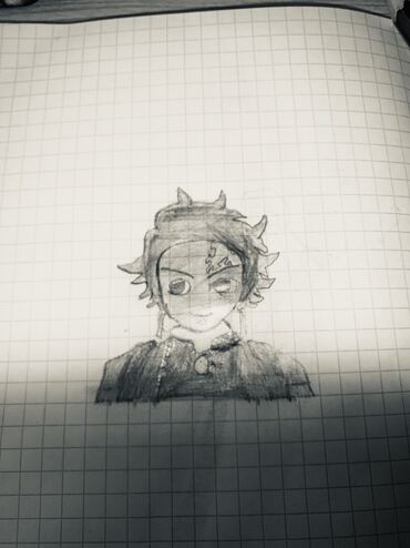 аниме форма: Графитовый скетч в аниме-стиле на листе в клетку. - Ручной рисунок