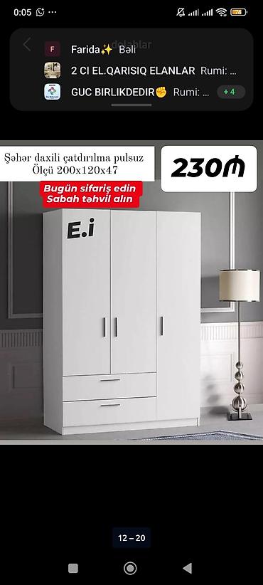 Ağ rəngli üç qapılı geyim dolabı - Ölçü: 200 x 120 x 47 sm (şəkildə