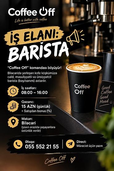 Baristalar: Barista tələb olunur, Gündəlik ödəniş, İstənilən yaş, Təcrübəsiz — 1