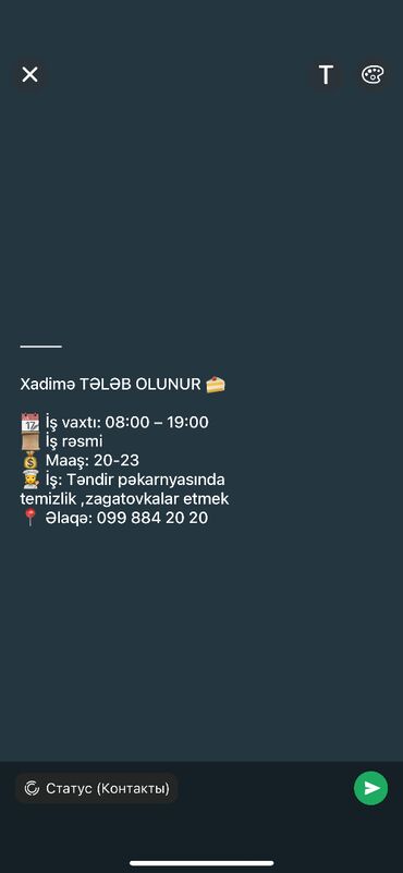 tələbələr üçün part time is elanları: Xadimə tələb olunur, Gündəlik ödəniş
