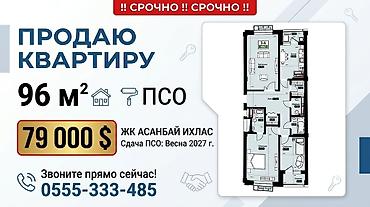 Продажа квартир: 3 комнаты, 96 м², Асанбай мкр Элитка, 2 этаж, ПСО (под самоотделку) — 1