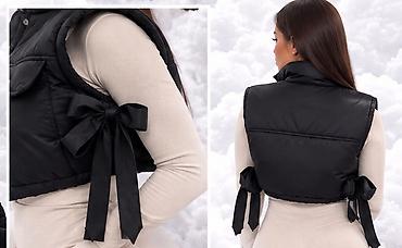 Prsluci: Ženska kratka puf jakna/prsluk – crna - Trendy cropped kroj do struka — 4