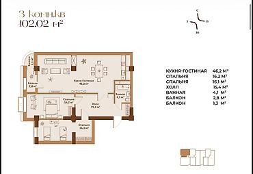 aurum: 3 комнаты, 102 м², 9 мкр Элитка, 12 этаж, ПСО (под самоотделку) — 2