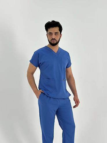 Медициналык кийим: Мужской медицинский комплект (скраб): топ с V-образным вырезом + брюки — 6