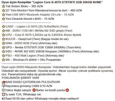 Masaüstü kompüterlər və iş stansiyaları: Oyun üçün Kompüter "Legion Core i5 4570 GTX750Ti 2GB 256GB NVME” ⭐Tək — 2