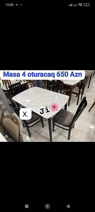 Masa və 4 stul dəsti - Üstlük: ağ mərmər naxışlı parlaq səth, yumru