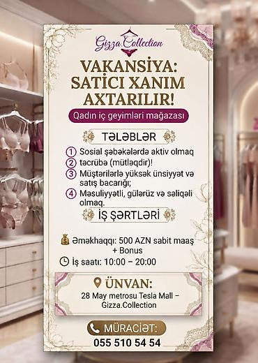 Satış: Satış məsləhətçisi tələb olunur, Yalnız qadınlar üçün, 30-45 yaş, 1-2 illik təcrübə, Ayda 2 dəfə ödəniş — 1