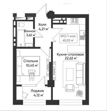 продается 1 ком квартира: 1 бөлмө, 45 кв. м, Элитка, 8 кабат, ПСО (өзү оңдоп түзөтүп бүтүү үчүн)