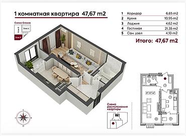 67: 1 комната, 48 м², 12 мкр Элитка, 5 этаж, ПСО (под самоотделку) — 3