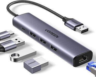 пассивное сетевое оборудование gemix: UJGREEN USB Ethernet-адаптер 1000/100 Mбит/c USB3.O/USB2.0 HUB