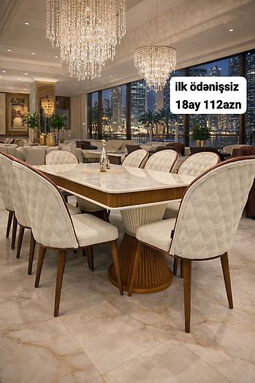ay sekilleri: Lüks yemək dəsti – mərmər effekti ilə parlaq masa və 8 ədəd yumşaq — 1