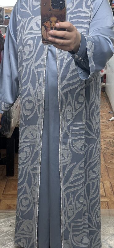джинсовое платье с длинным рукавом: Вечернее платье, А-силуэт, Длинная модель, Шелк, С рукавами, 2XL (EU 44)
