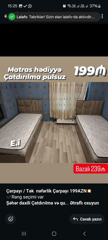 Sifarişlə çarpayılar: *Çarpayı 199AZN💥* Matras hədiyyə 🎁 . Ölçü 200x90 ✔️Rəng seçimi var