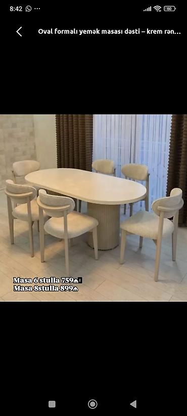 Oval formalı yemək masası dəsti – krem rəng - Dəst tərkibi: oval