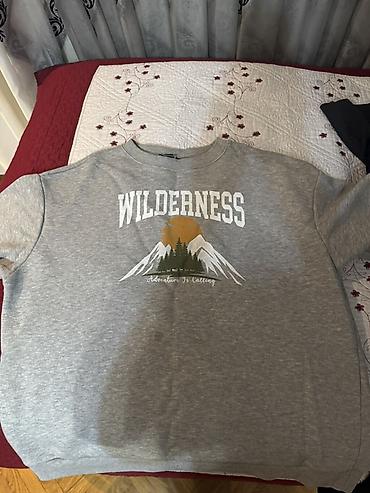 Kişi geyimləri: Boz rəngli sweatshirt - Ön dizayn: “WILDERNESS” yazısı, dağ və meşə — 2