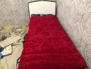 одноместная кровать: Односпальная кровать с белой изголовьем и темным основанием. Матрас