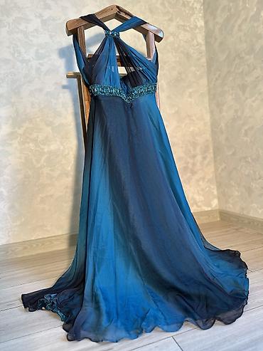 yves saint: Vintage Yves Calin embellished mesh maxi dress in deep ocean blue — 1