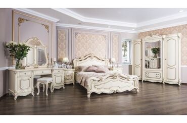 вместо прикроватных тумбочек: Спальный гарнитур, Б/у, Двуспальная кровать, Россия, МДФ, цвет - Бежевый