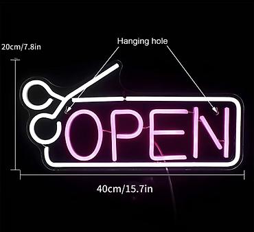 sobne fotelje: LED neonski natpis “OPEN” sa makazama - Dimenzije: 40 x 20 cm (15.7 x — 2