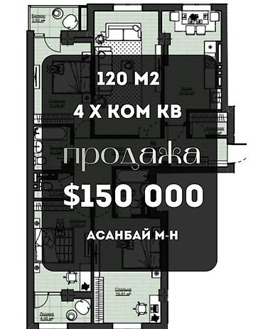 4 комнаты, 120 м², Асанбай мкр Элитка, 12 этаж, ПСО (под самоотделку)