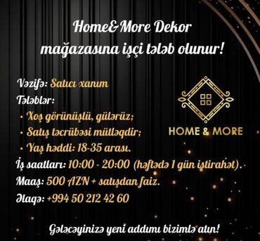 Satış üzrə menecerlər: Satış məsləhətçisi tələb olunur, Yalnız qadınlar üçün, 18-29 yaş, 1 ildən az təcrübə, Aylıq ödəniş