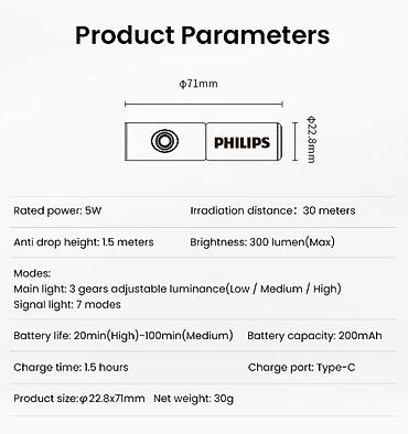 хороший фонарик: Мини‑фонарь Philips SFL1126 портативный, перезаряжаемый (USB Type‑C) — 3