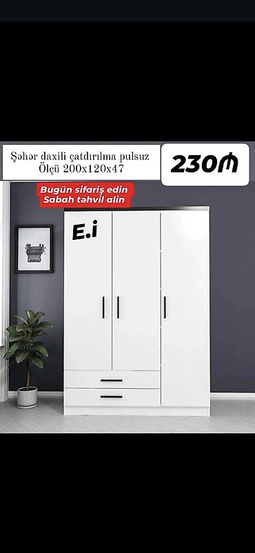 Ağ rəngli 3 qapılı paltar şkafı - Ölçü: 200 x 120 x 47 sm (şəkildə