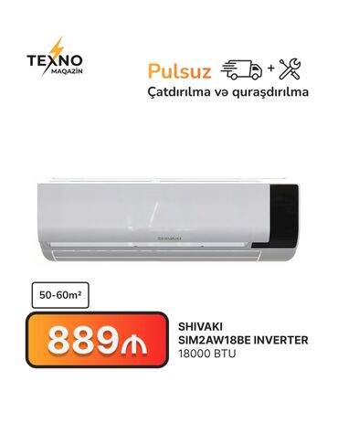 Kondisioner Shivaki, 50-60 kv. m, Split sistem, Kredit yoxdur, Pulsuz quraşdırılma
