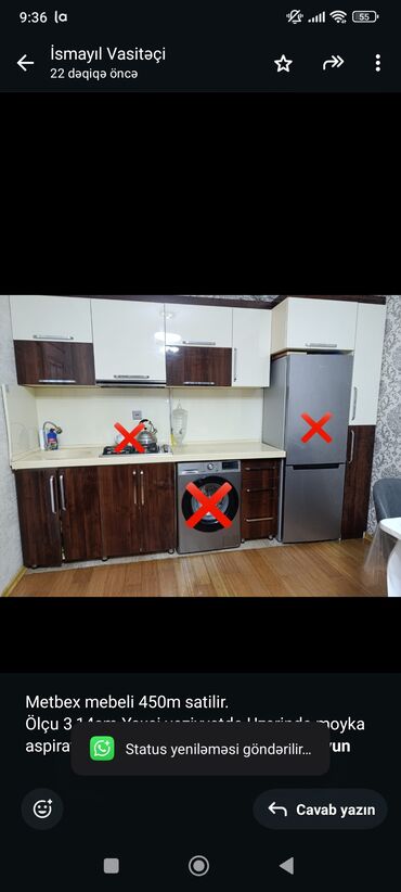 Masalar və oturacaqlar: Metbex mebeli 450m satilir. Ölçu 3,14sm.Yaxsi veziyyetde.Uzerinde