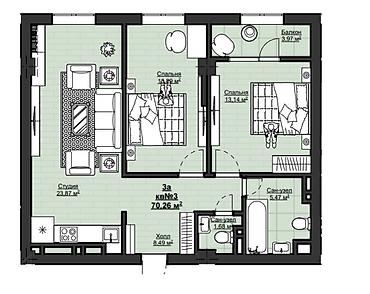 royal construction: 2 комнаты, 70 м², Элитка, 8 этаж, ПСО (под самоотделку) — 1
