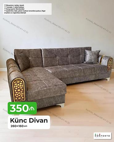 Künc divan – 260×160 sm • Mexanizm: açılan, bazalı (yataq funksiyası
