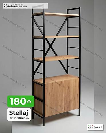 stellaj nədir: Loft üslubunda stellaj. Ölçüləri: 35 x 180 x 70 sm Qara metal karkas — 1