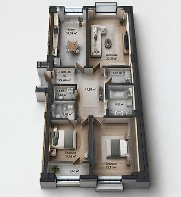 centr park: 3 комнаты, 96 м², Асанбай мкр Элитка, 13 этаж, ПСО (под самоотделку) — 1