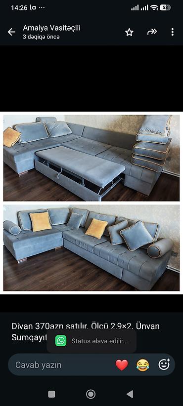 Divan 370azn satılır. Ölçü 2,9×2. Ünvan Sumqayıt (8162) aml lalafo.az -da Divan 370azn satılır. Ölçü 2,9×2. Ünvan Sumqayıt (8162) aml