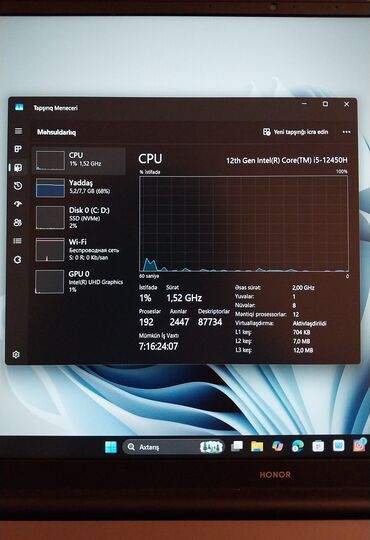 Digər noutbuklar və netbuklar: HONOR noutbuk - Prosessor: 12-ci nəsil Intel Core i5-12450H (8 nüvə — 4