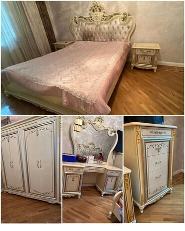 спальный гарнитур каракол: Двуспальная кровать, 2 тумбы, Трюмо, Шкаф, Б/у