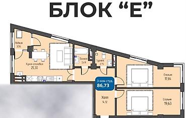 86: 3 комнаты, 87 м², Кок-Жар мкр Элитка, 14 этаж, ПСО (под самоотделку) — 1