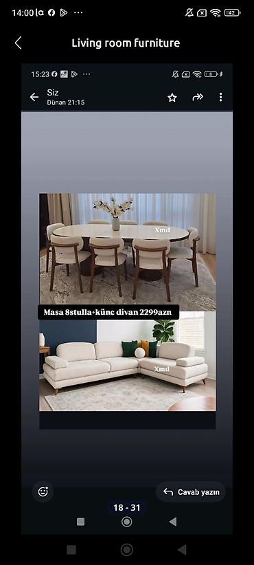 Qonaq otağı üçün mebel dəsti - Dəst: oval masa + 8 ədəd stul + künc