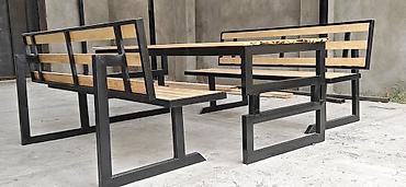 turk tekstil sederek: Metall karkaslı ağac dəst – masa + 2 skamya - Dizayn: Minimalist və — 1