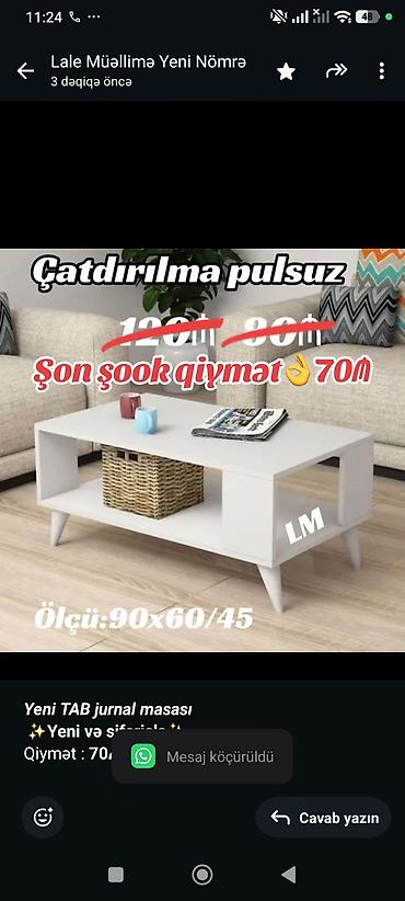 60 70 masa: _*Yeni TAB jurnal masası*_ *✨Yeni və sifarişlə✨* Qiymət : *70₼* — 1