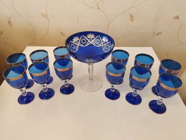 çay serviz: Чайный набор, цвет - Синий, Богемия, Германия