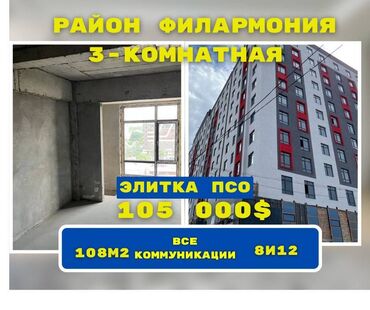 квартира мик: 3 комнаты, 108 м², Элитка, 8 этаж, ПСО (под самоотделку)