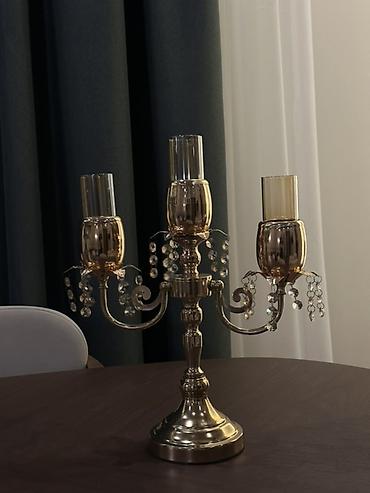 ev saat: Məhsul: Dekorativ dəst – 3 şamlıqlı klassik kandelabr və qapaqlı şüşə — 1